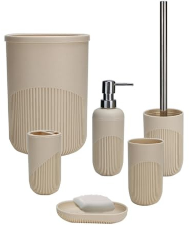 BM Set di Accessori da Bagno in Plastica, Set Accessori Bagno Completo 6 Pezzi, Dispenser, Portaspazzolino, Bicchiere, Portasaponetta, Portascopino, Pattumiera (Beige)