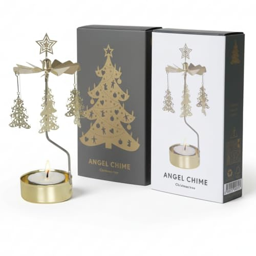 Rotierender Kerzenhalter Weihnachtsbaum Gold aus Metall, inkl. Teelicht, 12 Flügel & 6 Ornamente für gleichmäßige Rotation, Teelichthalter für Weihnachten, Advent und Tischdeko, Geschenkverpackung