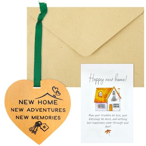 GAZIL Coffret Cadeau Nouvelle Maison：Plaque Cœur Bois avec Ruban & Carte Vœux - Cadeaux Éménagement Unique pour Famille/Amis/Voisins/Couples