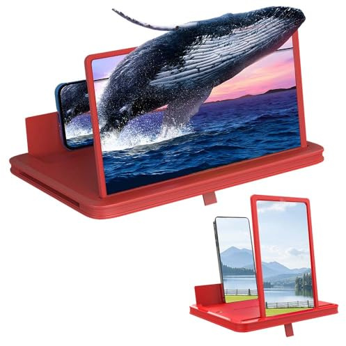 Handy Bildschirmlupe, 3D HD Vergrößerungsbildschirm, Anti-Blaulicht, Tragbare Smartphone Bildschirmvergrößerung für Filme und Videos (Rot, 10inch)