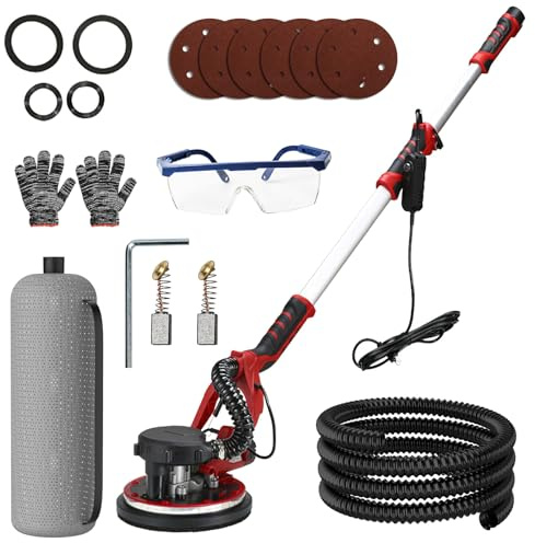 Ponceuse Mur et Plafond 225MM, Ponceuse Girafe avec Aspirateur 1390W, Éclairage LED, 2800RPM, 6 Vitesses Variables, Girafe Ponceuse pour Mur et Plafond (Rouge)