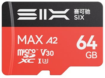 SIX Scheda micro SD M200 da 64 GB, lettura fino a 190 MB/s per registrazione continua 4K UHD, scheda di memoria microSDXC A2, U3, V30, da 64 GB, con adattatore per action camera, droni, console di