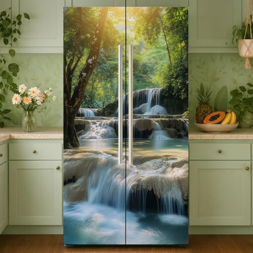 GOMAKERER 2 envolturas extraíbles para nevera, diseño de cascada de bosque con texto en inglés Forest Stream, para puerta de nevera, congeladores, panel adhesivo para decoración de cocina, bar, 41,5