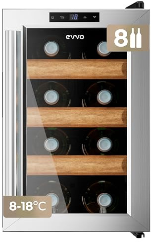 EVVO Vinoteca VT8 Inox – Enfriador de Botellas de Vino 8 Botellas, Vinoteca Pequeña Inox, Nevera para Vinos Silenciosa, Mini Nevera Tipo Minibar y Botellero Vertical