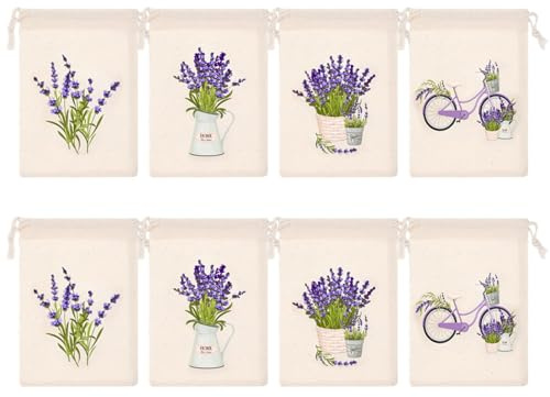 8-Pack Lavender Drawstring Gift Bags, Cotton Fabric Storage Pouches, Small Floral Organizer Bags, Reusable Wedding Favor Pouches for Jewelry & DIY Craft
