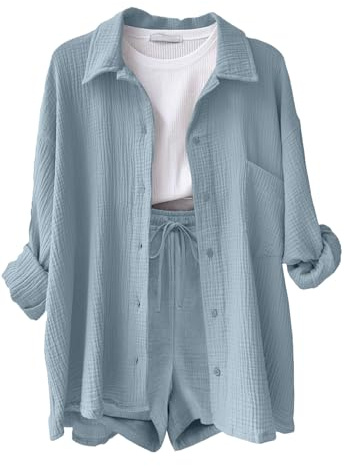 Yutdeng Conjunto Lino Mujer Conjunto de Verano 2 Piezas Traje Ligeros Pantalon y Blusa Manga Larga Pantalones Cortos Cintura Elastica Casual Ropa de Playa Conjunto Mujer Vestir Dos Piezas,Azul,M