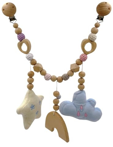 Ueiwffzo Kinderwagenkette aus Holz und Häkeln, Cartoon Tiere Kinderwagenkette, Geschenk zur Geburt für Babys Ab 0+ Monaten (Wolken + Sterne)