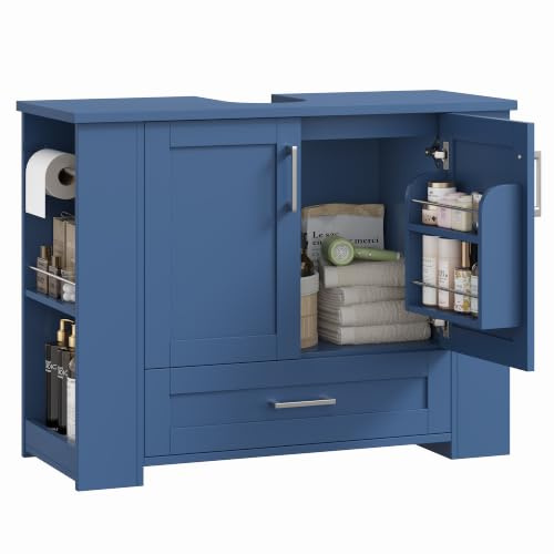 FOREHILL 80cm Mueble Baño Lavabo, Mueble Lavabo con Pie, Azul | Mueble Baño, con 2 Portarrollos, 2 Puertas, 1 Cajón, 4 Estantes Abiertos, 80x30x63,5cm