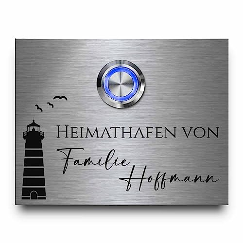 CHRISCK design - Türklingel aus Edelstahl mit rostfreier Gravur - Modell Hoffmann ab 9x7 cm | farbig beleuchteter Klingeltaster | viele verschiedene Motive | Graviertes Klingelschild für die Haustür