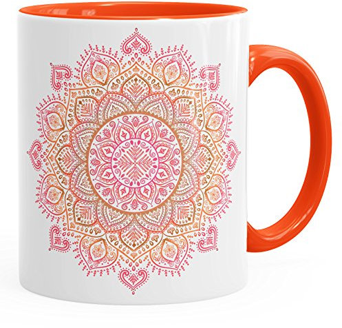 Autiga Kaffee-Tasse Mandala Ethno Boho Kaffeetasse Teetasse Keramiktasse mit Innenfarbe Orange unisize