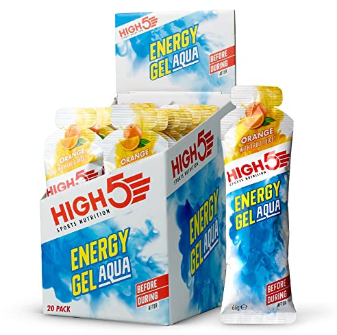 HIGH5 Aqua Running Gels Energy - Running Essentials for Quick Release Energy - Natural Fruit Juice & No-Caffeine - Ideal as Running Equipment, Cycling Supplements, Marathon Training (Orange, 20 x 66g)