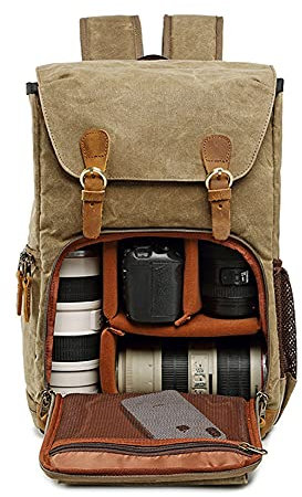 DRF Mochila para Cámara Réflex Lona Vintage Aire Libre con Cubierta BG20 (Caqui-Pro)