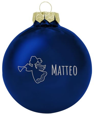 Deitert Weihnachtskugel mit Wunschtext Gravur, Ø 8cm, personalisierte Christbaumkugel aus Glas (glänzend), Individueller Weihnachtsbaumschmuck Namen oder Spruch, Engel-Motiv, Blau