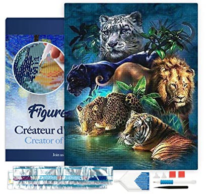 Figured'Art Diamond Painting Kit completo con marco - Cuadro 40x50cm de Pintura de Diamante - Bastidor montado - diamantes de imitación cuadrados - Los animales de la selva - 5D DIY Manualidades