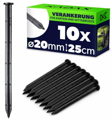 KADAX Erdanker zur Montage, 25 cm, 10x Bodenanker aus Kunststoff, Erdnägel, Verankerungen mit Noppen, Kunststoff-Erdanker für Umfassungen und Rasengitter (Schwarz, Rund)