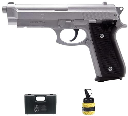 PT92 Silver (Beretta) Crosse en métal Ressort (6 mm) | Pistolet Airsoft (Balles en Plastique PVC) + Mallette + Bouteille [Puissance : 0,27 Joules]
