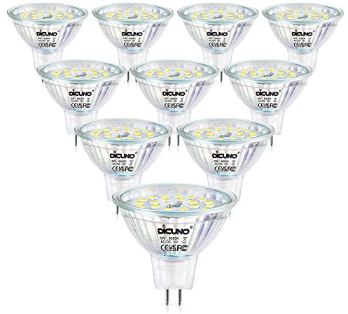 DiCUNO Bombilla LED GU5.3 MR16 5W Regulable, Equivalente halógena 50W Bajo Consumo, 12V, 500lm, Luz frío 6000K, 120° Spotlight, Foco LED para techo y empotrables, Pack de 10