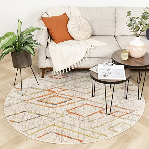FRAAI | Home & Living Hochflor Teppich Rund - Blend Diamond Creme Bunt - Kariert, Boho, Modern, Skandinavisch, Wohnzimmer, Esszimmer, Schlafzimmer - Fellteppich - Carpet