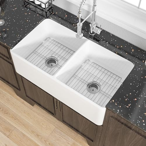 Miuara Farmhouse Sink Double Bowl 33 Inch - White Apron Front Kitchen Sink Reversible 33x18x10, Undermount Installation, Farm House﻿ Style Dual Basin 50/50, Heavy Duty Solid Fireclay, for Kitchen
