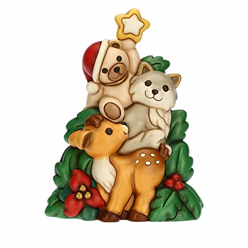 THUN, Addobbo Natalizio Totem con Iconico Teddy e Gli Amici del Bosco in Ceramica Decorata a Mano, Idea Regalo Natale, 22x14.2x30 cm h