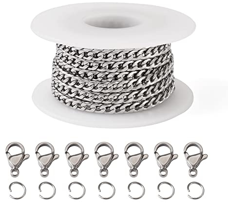 Beadthoven Edelstahl-Kettenglieder, Panzerkette, kubanische Ketten, Spule, mit Binderingen, Karabinerverschlüssen, für DIY-Schmuck, Halsketten, Armbänder, Fußkettchen