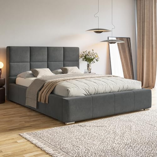 MOTIVENA Luna Bett 160x200 Grau Samt, mit Stauraum, mit Kopfteil, mit Lattenrost, mit Füßen, ohne Matratze, Polsterbett 160x200 mit Bettkasten Grau (Anthrazit)