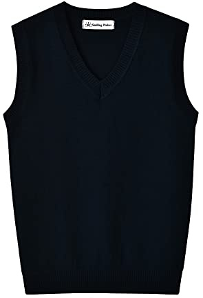 SMILING PINKER Boys Girls Vest V-Neck School Uniform Sleeveless Knitted Top Cotton Jumper (Dark Navy,13-14 Years)