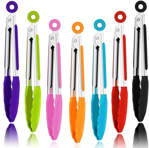 xlehoely 7 Pack Kitchen Tongs,Cooking Tongs with Stainless Steel Silicon Handles and Nylon Tips,7 Inch Stainless Steel Tongs,Heat Resistant Non-Stick BBQ Tongs with Locking, for Cooking Grilling Salad