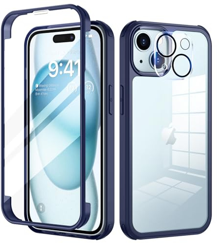 seacosmo för iPhone 15 Mobilskal, [9H HD] Integrerat Skärmglas och Linsskydd, 360 Grader Stöttåligt Fodral, Stötdämpande Skal för iPhone 15, Blå