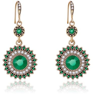 AILUOR Vintage Runde blaue Saphir Sonnenblumen baumeln Ohrringe, Frauen einzigartige Retro bunte ethnische böhmische Ohrringe Schmuck für Frauen (Gold-Grün)