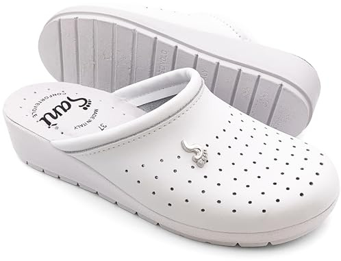 Anatomische Gesundheitsschuhe für Damen, Hausschuhe aus echtem Leder, orthopädische Schuhe, rutschfest, hergestellt in Italien, Weiß, 38 EU