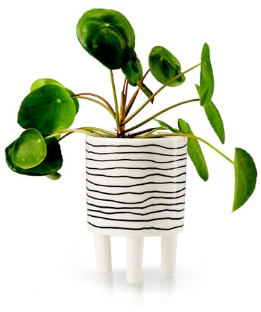 KHG Übertopf 10 cm, weiß mit Zebra-Streifen, 3 Beinen, Durchmesser, runde | 10 x 10 cm Blumentopf rund verspielt aus Dolomite-Gestein Keramik, Pflanzenkübel klein glänzend, glatte Oberfläche