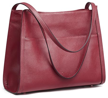 Kattee Genuine Leather Tote Bags for Women, Soft Leather Shoulder Purses and Handbags, Wine Red