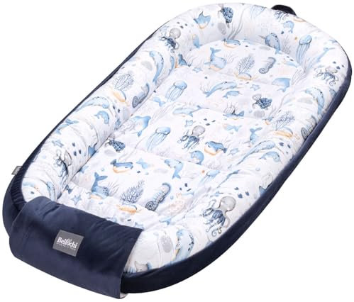 Bellochi Babynest für Neugeborene XXL | Babyliegennest | 100% Baumwolle | 120x65 - mit Schutzkanten | 0-9M | Verne