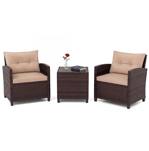 LIFEZEAL Salotto da Giardino Esterno, in Rattan PE, Set Giardino Esterno, 2 Divanetti con Cuscini Rimovibili, Tavolino Caffè, per Soggiorno, Terrazza e Patio (cuscino giallo, rattan marrone)