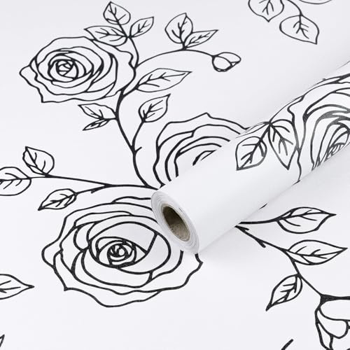 Amiya Schwarze und weiße Tapete zum Abziehen und Aufkleben, florales Kontaktpapier, Boho, 43,9 x 304,8 cm, selbstklebende Vinyl-Tapete für Schränke, Schlafzimmer, Wohnzimmer