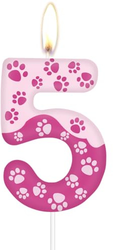Geburtstagskerzen mit Hundepfoten-Motiv,Zahlenkerzen zum 5. Geburtstag, rosa Zahl 5 für Kuchen, rosa Hundepfotenabdruck, Kuchenaufsatz für Mädchen und Jungen Geburtstagsparty-Dekorationen