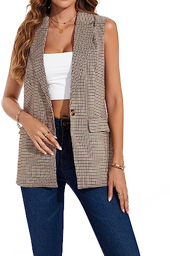 LADI TREND Waistcoat for Women Long Sleeveless Blazer Button Down Waistcoat Cardigan Blazers (Plaid+Khaki XXL)