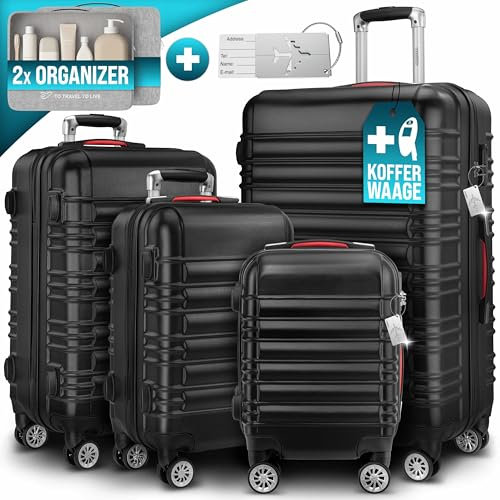 Monzana® 4tlg Kofferset Schloss Organizer Kofferwaage Gurt Gel-Griffe Zwillingsrollen Standfüße Trolley Reisekoffer Hartschale Koffer S-M-L-XL Schwarz