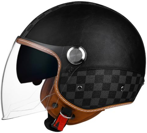 Motorradhelm Retro Jethelm Unisex Vintage Open Face Leder-Helm Winter Winddichter Motorrad Roller Helm, mit Doppelvisier, ECE Genehmigt Jethelm Für Damen Und Herren