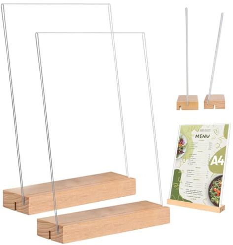Duoleimi A4 Tischaufsteller Packung mit 2 - Acryl Fotoaufsteller mit Holzfuß für Werbung, Preisschilder, Speisekarte, Präsentationsständer (L&T Form - 2 Möglichkeiten)