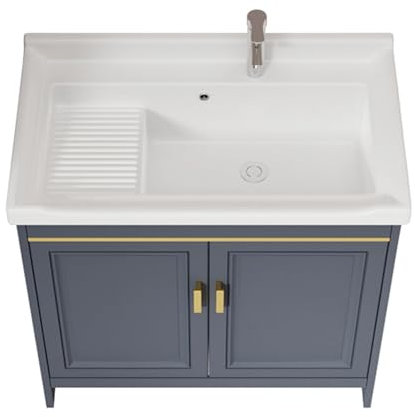 Évier utilitaire autonome avec armoire robinet d'eau chaude et froide Lavabo en céramique blanche 80 x 48 cm Idéal pour buanderie, jardin, garage, restaurant commercial