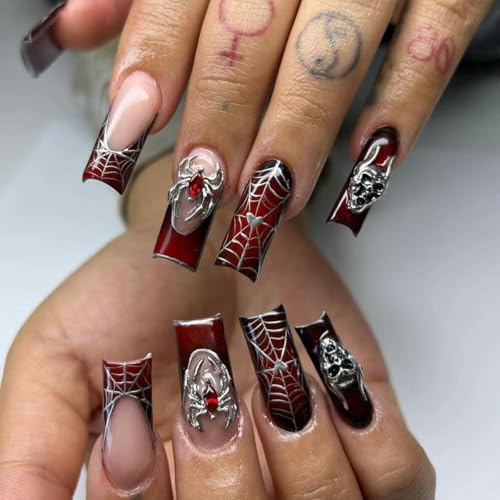 MouyouGlow Press on Nails Lang,Square Halloween Spinnennetz French Herz 3D Spinnen Skull Creepy Spooky Horror Gothic Fake Nails,Dark Red Crystal Artificial Fingernails