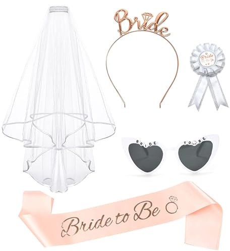 Sprießen 5 StüCk JGA Accessoires Frauen- Schleier WeißE,Bride to Be SchäRpe,Herz Sonnenbrille,Abzeichen,Tiara,JGA Accessoires Frauen FüR Junggesellenabschied Brautparty Und Hochzeitsfotografie