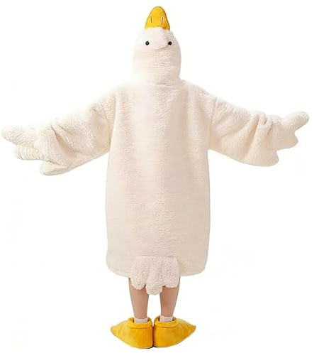 Goose Blanket Hoodie Onesie, Fleece Oversized Wearable Blanket Hoodie with Sleeves and Goose Feet Slippers, Weiss/opulenter Garten, Medium