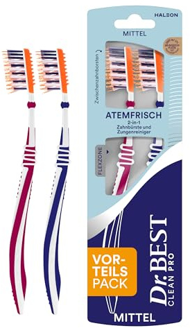 Dr.BEST Atemfrisch Zahnbürste, Mittel, Vorteilspack (2 Stück) | Schräggestellte Zwischenzahnborsten für eine effektive Reinigung der Zahnzwischenräume. Farbe variiert.