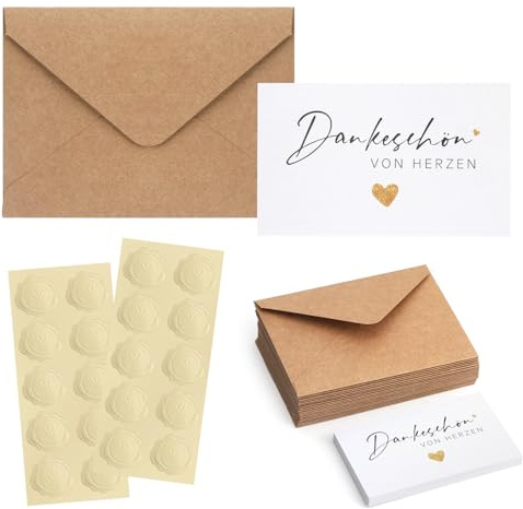 VOSSOT 20 Stück 9cm x 5.4cm Kleine Dankeskarten mit Kraftpapier Umschlägen und Gold Siegel Aufklebe, Mini Dankeschön Karte, Thank You Cards für Geburtstag Hochzeit DIY Dankeskarten Geschenk