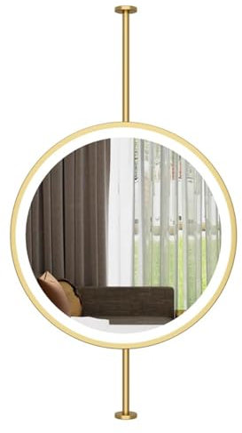 PA-DABAOO Specchio Sospeso al Soffitto con Palo in Metallo, Specchio Rotondo da Soffitto con Luce LED, Specchi da Barba Galleggianti con Cornice in Metallo E Braccio,d'oro