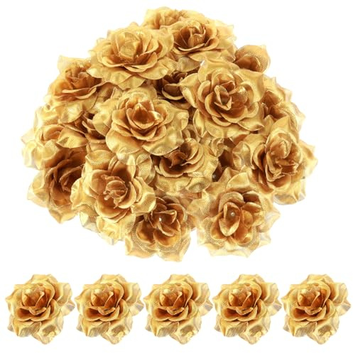 Bremorou 36 Pcs Gold Flowers Gold Roses Artificial Flowers For Centerpieces Silk Faux Silk Rose Head In Bulk Roses Artificial For Diy Decor Cake Wristband Clothes Headwear(2.16×1.18 inches/ 5.5×3 cm)