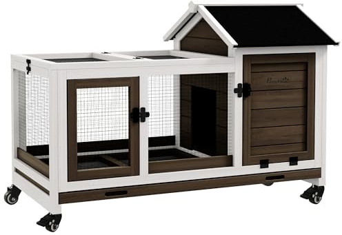 PawHut Zwergkaninchenstall aus Holz mit Rädern 108 x 58 x 73,5 cm Kaffee | Kleintierstall mit Freilaufgehege, Klappdach, Zwergkaninchenkäfig mit Ausziehbarem Tablett, für Indoor, Outdoor